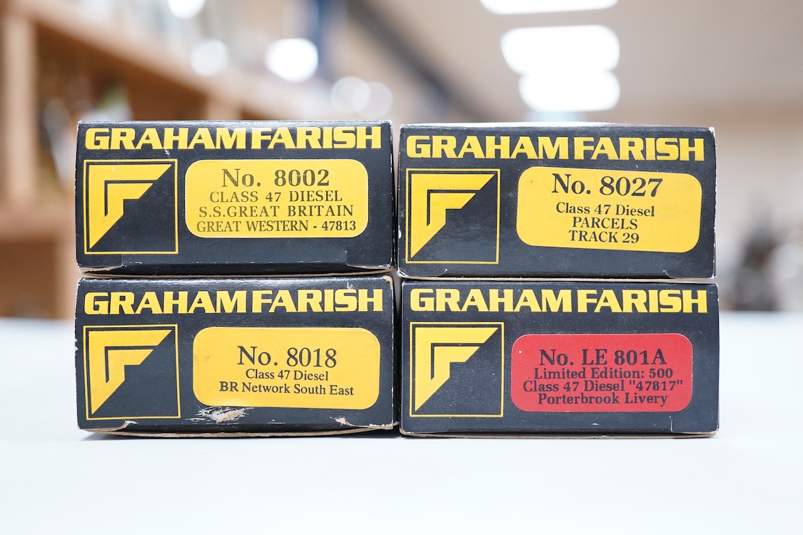 Four boxed Graham Farish N gauge railway Class 47 diesel locomotives; a Porterbrook, 47 817 (LE801A), a Network SouthEast, 47 582 (8018), a Great Western, SS Great Britain 47813, (8002) and a Parcels, Track 29 47479 (802